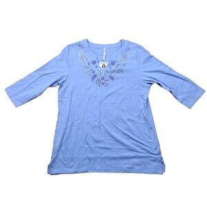 Leo & Nicole Womens  Large Shirt Top Blue Stretch Sequins V Neck 3/4 Sleeve NEW